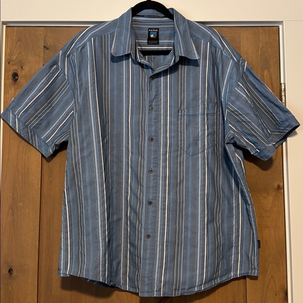 Kuhl Blue Striped Suncel Shirt Mens XXL cotton Tencel casual Beach BBQ outdoors